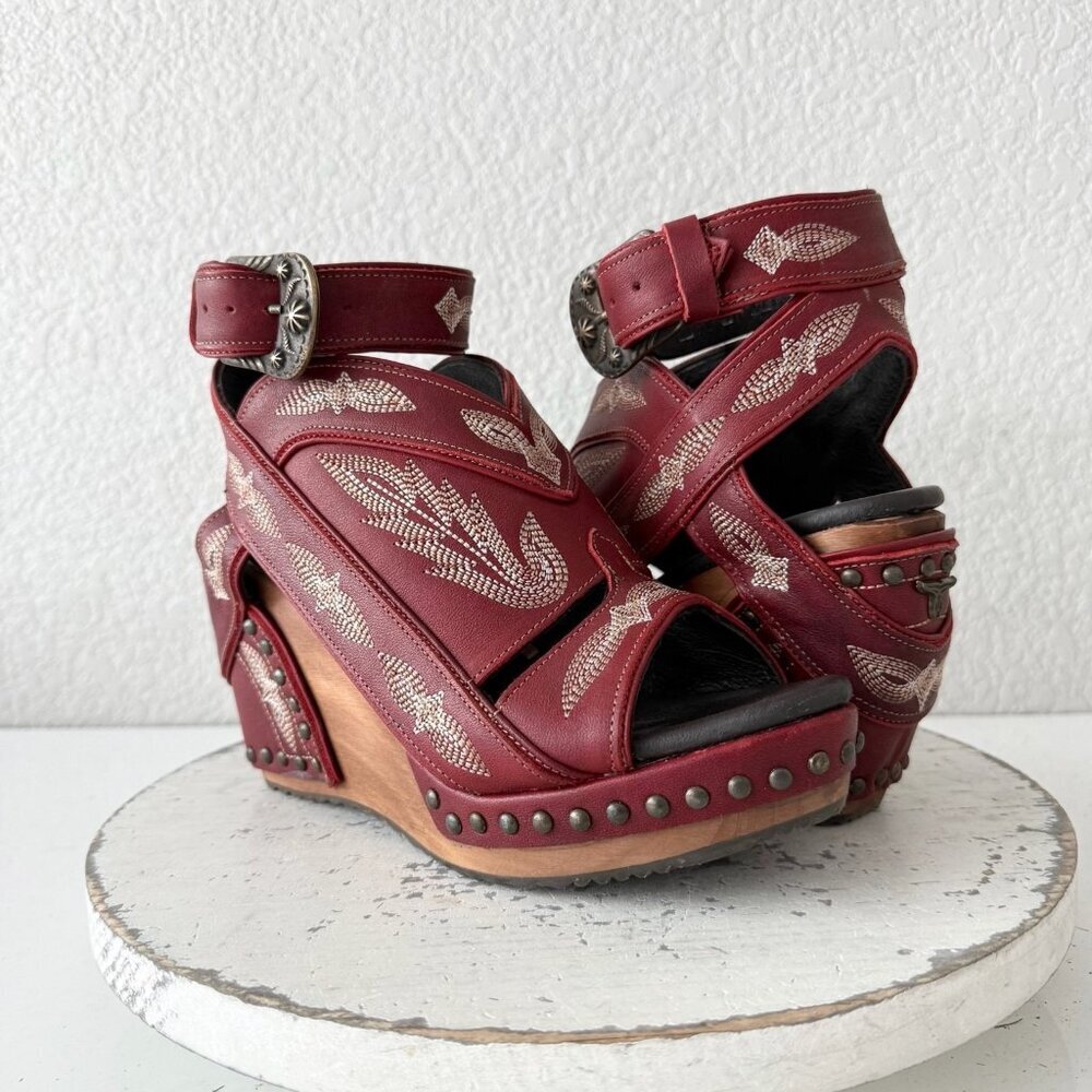 Women's Red Embroidered Leather Wedge Sandals